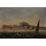 19th Century Italian School. Scene of a Busy Port with Figures on a Quayside, Oil on Paper Laid