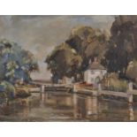 Gilbert Adams (1906-1996) British. 'Whitchurch Lock', Oil on Board, Bears Exhibition Label Verso,