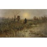 Karl Heffner (1849-1925) German. Shepherd and his Flock at Daybreak, Oil on Canvas, Signed, 19" x