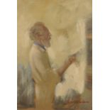 Tom W. Quinn (1918-2015). Self Portrait: At the Easel, Oil on Board, Signed, 20" x 14".