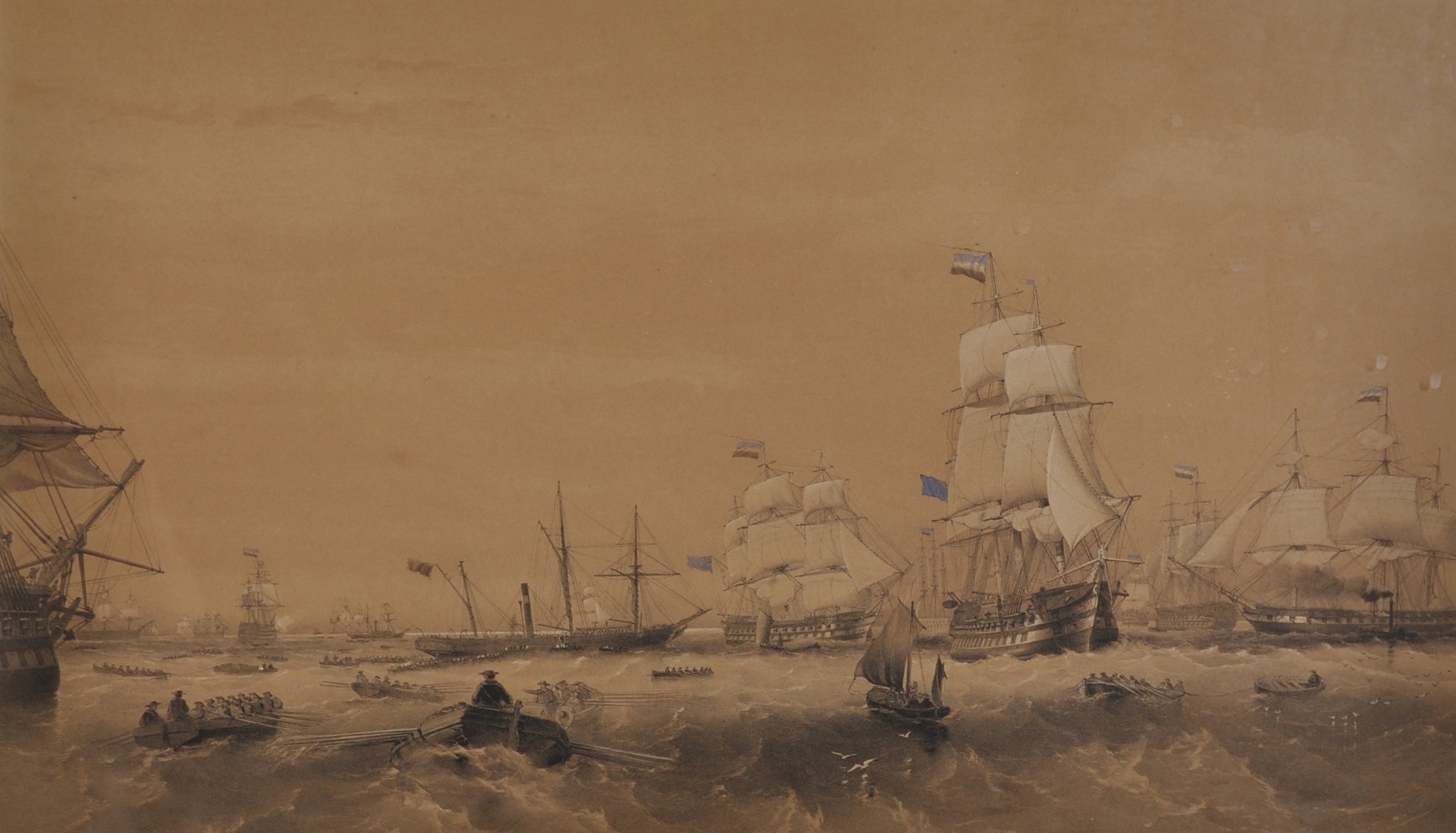Oswald Walters Brierly (1817 - 1894) British. The Fleet Provisioning at Sea, Lithograph, 13.5" x