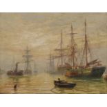 H. Henry (19th Century) British. Shipping at Dusk, Oil on Canvas, Signed, Oil on Board, 9.5" x 12".