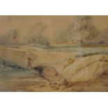 Charles Wissant (Exh.1869-1876) French. Angler in a River Landscape, Watercolour, Signed, 6" x 8.