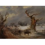 Circle of Thomas Smythe (1825-1907) British. Winter Landscape with Figure and Donkey, Oil on Canvas,