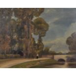 Alfred East (1844-1913) British. Figures on a Path by a Bridge, Oil on Canvas, Signed, 21.5" x 27.