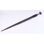 AN EARLY ISLAMIC OR EUROPEAN MEDIEVAL SWORD, with tapering double sided blade, disc shaped pommel (