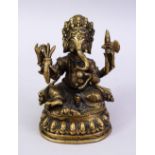 A SMALL 19TH / 20TH CENTURY INDIAN BRONZE FIGURE OF GANESH, in a seated position holding multiple