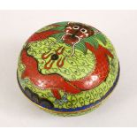 A 19TH / 20TH CENTURY CHINESE CLOISONNE CIRCULAR POT & COVER, decorated upon an apple green ground