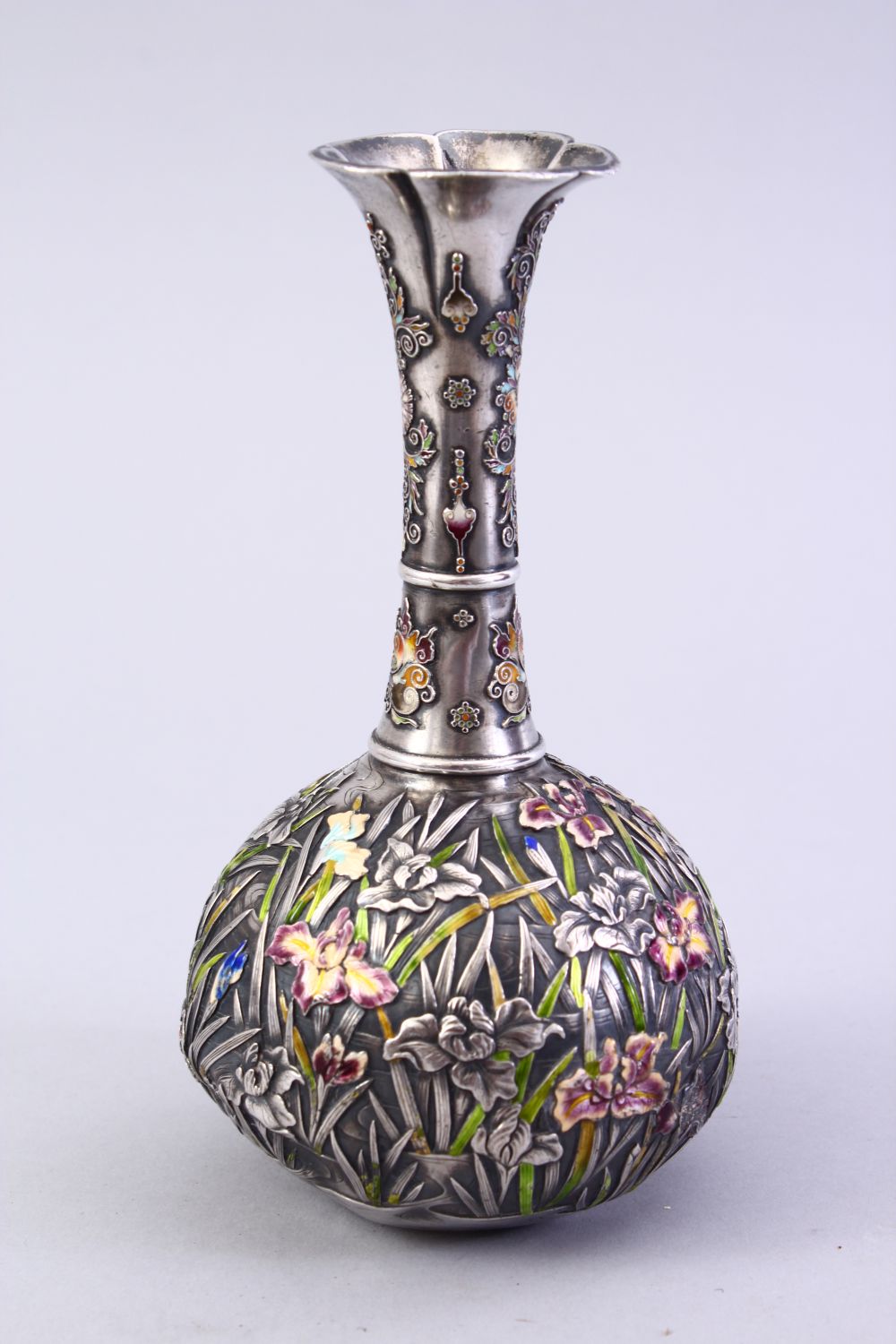 A GOOD JAPANESE MEIJI PERIOD SILVER & ENAMEL BOTTLE VASE, the vase with iris and other floral - Image 2 of 9