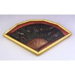 A GOOD 19TH / 20TH CENTURY FRAMED CHINESE WOOD AND PAINTED PAPER FAN, the fan decorated with