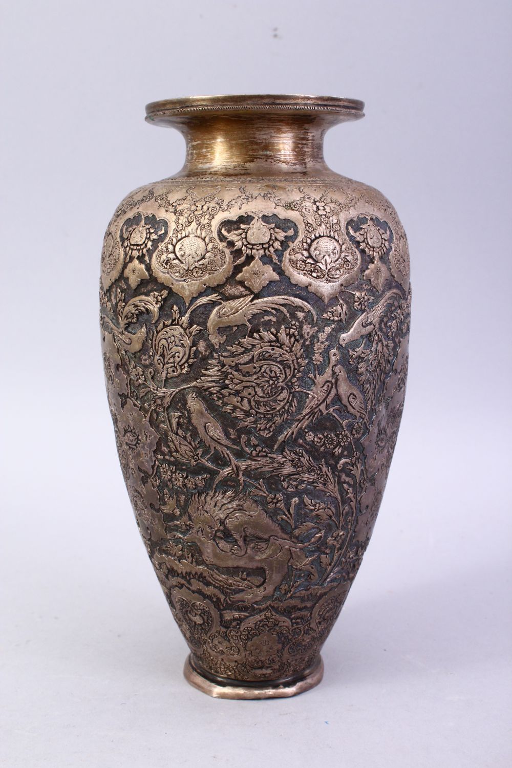 A 18TH / 19TH CENTURY IRANIAN CARVED SILVER VASE, with a multitude of decoration depicting flora and - Image 2 of 12