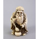 A JAPANESE MEIJI PERIOD CARVED IVORY NETSUKE - DRINKING MAN, the drinking elderly gentleman stood in