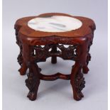 A GOOD 19TH / 20TH CENTURY CHINESE CARVED HUANGHUALI WOOD & DREAM STONE MINIATURE TABLE, the top