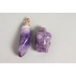 TWO CHINESE AMETHYST COLOURED STONE / CRYSTAL PENDANT AND FIGURE OF A BUST, 6cm & 3.5cm.