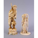 TWO JAPANESE MEIJI PERIOD CARVED IVORY OKIMONOS, one of a hunter holding his catch, 21cm high, the