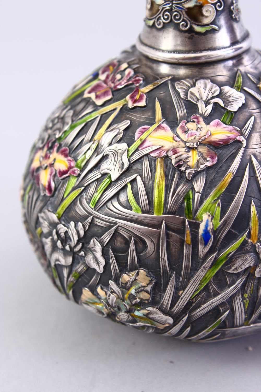 A GOOD JAPANESE MEIJI PERIOD SILVER & ENAMEL BOTTLE VASE, the vase with iris and other floral - Image 5 of 9