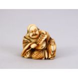 A LARGE JAPANESE MEIJI PERIOD CARVED IVORY NETSUKE OF A HOTEI, in a seated position, holding a