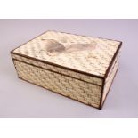 A GOOD JAPANESE MEIJI PERIOD CARVED IVORY BASKET WEAVE LIDDED QUAIL BOX, the hardwood lined box