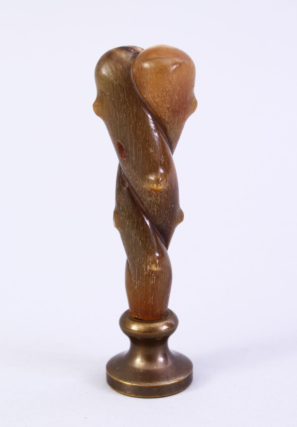 A GOOD 19TH CENTURY CHINESE CARVED RHINO HORN HANDLE SEAL, carved in the form of natural subject,