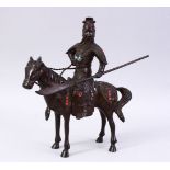 A GOOD 19TH / 20TH CENTURY CHINESE BRONZE FIGURE OF A GENERAL UPON HORSEBACK, decorated with inilaid