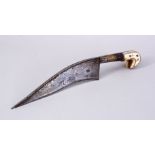 A 19TH CENTURY INDIAN IVORY HILTED DAGGER, with gold and silver inlaid curving blade, 23cm long.