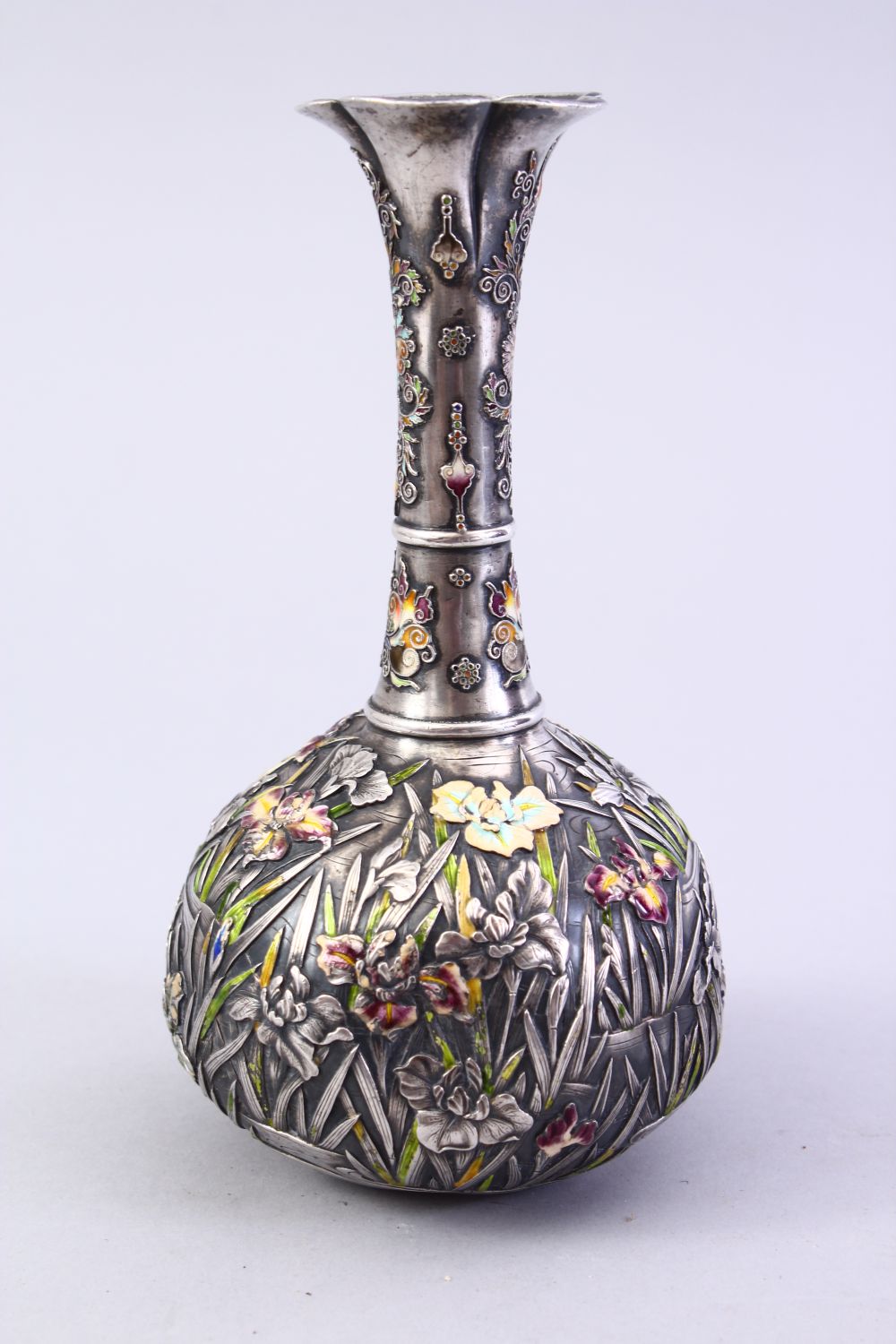 A GOOD JAPANESE MEIJI PERIOD SILVER & ENAMEL BOTTLE VASE, the vase with iris and other floral - Image 4 of 9
