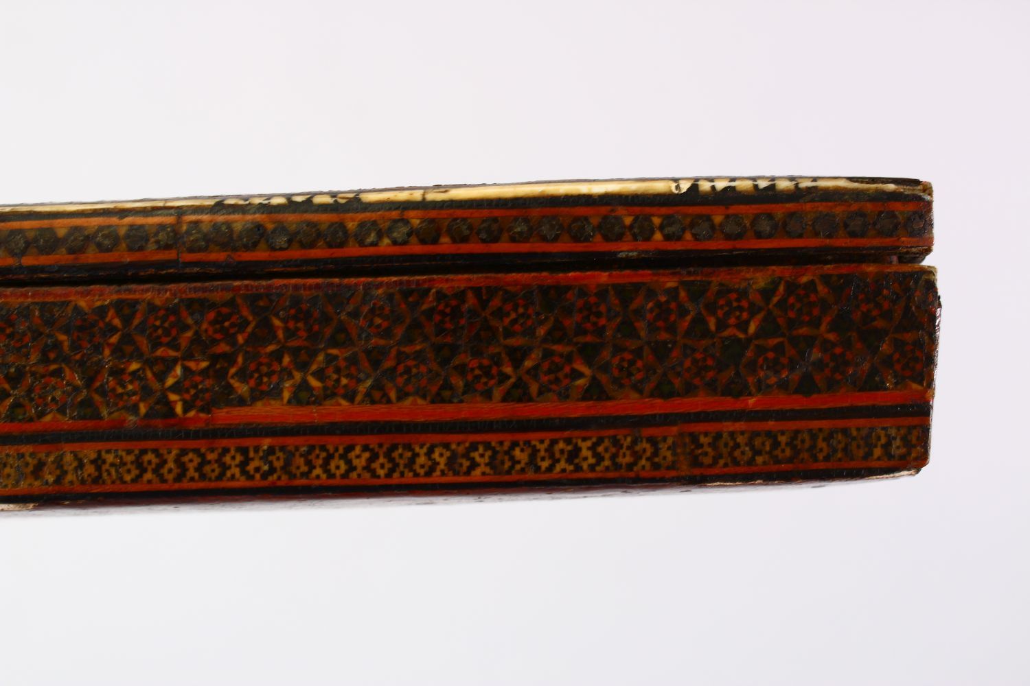 A GOOD 18TH CENTURY PERSIAN MICRO MOSAIC & LACQUER LIDDED PEN BOX, 28cm wide X 4.5cm high, - Image 5 of 5