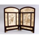 A GOOD QUALITY JAPANESE MEIJI PERIOD CARVED IVORY & HARDWOOD TABLE SCREEN, The ivory panels carved