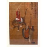 A GOOD 19TH CENTURY CHINESE PAINTED SILK SCROLL PAINTING - FRAMED, depicting a figure upon a tiger