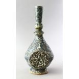 AN 18TH CENTURY PERSIAN GLAZED POTTERY BOTTLE VASE, the body with blue scrolling ground, (AF),