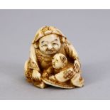 A JAPANESE MEIJI PERIOD CARVED IVORY NETSUKE OF HOTEI, one of the seven luck gods, seated with a