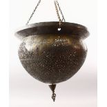 A GOOD 19TH CENTURY OR EARLIER ISLAMIC SILVER INLAID STEEL CALLIGRAPHIC HANGING LAMP, the hanging