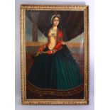 A 19TH CENTURY INDIAN OIL ON CANVAS PAINTING OF A SEMI NUDE FIGURE, 130cm high x 89cm wide.