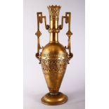 A GOOD 19TH CENTURY SPANISH ISLAMIC BRONZE ALHAMBRA STYLE TWIN HANDLE VASE, 52.cm high x 20cm.