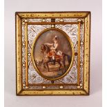 A GOOD 19TH CENTURY PAINTED IVORY MINIATURE IN TORTOISESHELL & PEARL FILIGREE FRAME, the painting of