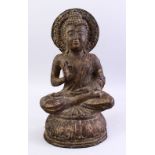 A GOOD 19TH CENTURY BRONZE STATUE OF BUDDHA / DEITY, the figure seated in a meditating position,