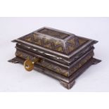 A GOOD PERSIAN KOFTGARI GOLD AND SILVER INLAID IRON LIDDED BOX, 15cm wide x 12.5cm deep.