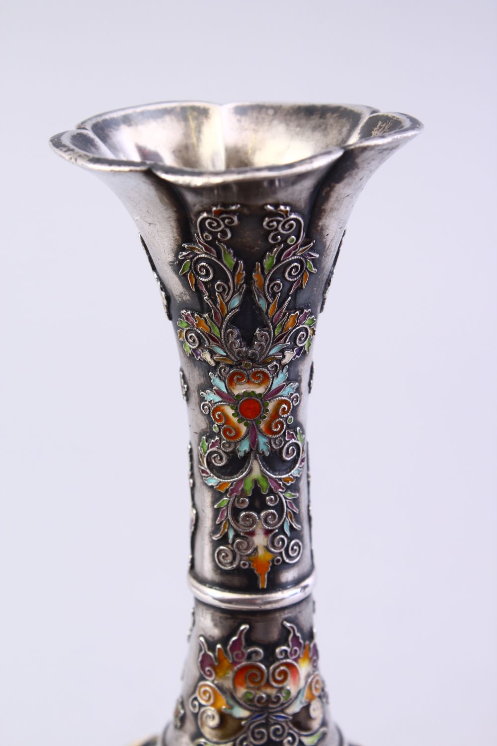 A GOOD JAPANESE MEIJI PERIOD SILVER & ENAMEL BOTTLE VASE, the vase with iris and other floral - Image 7 of 9