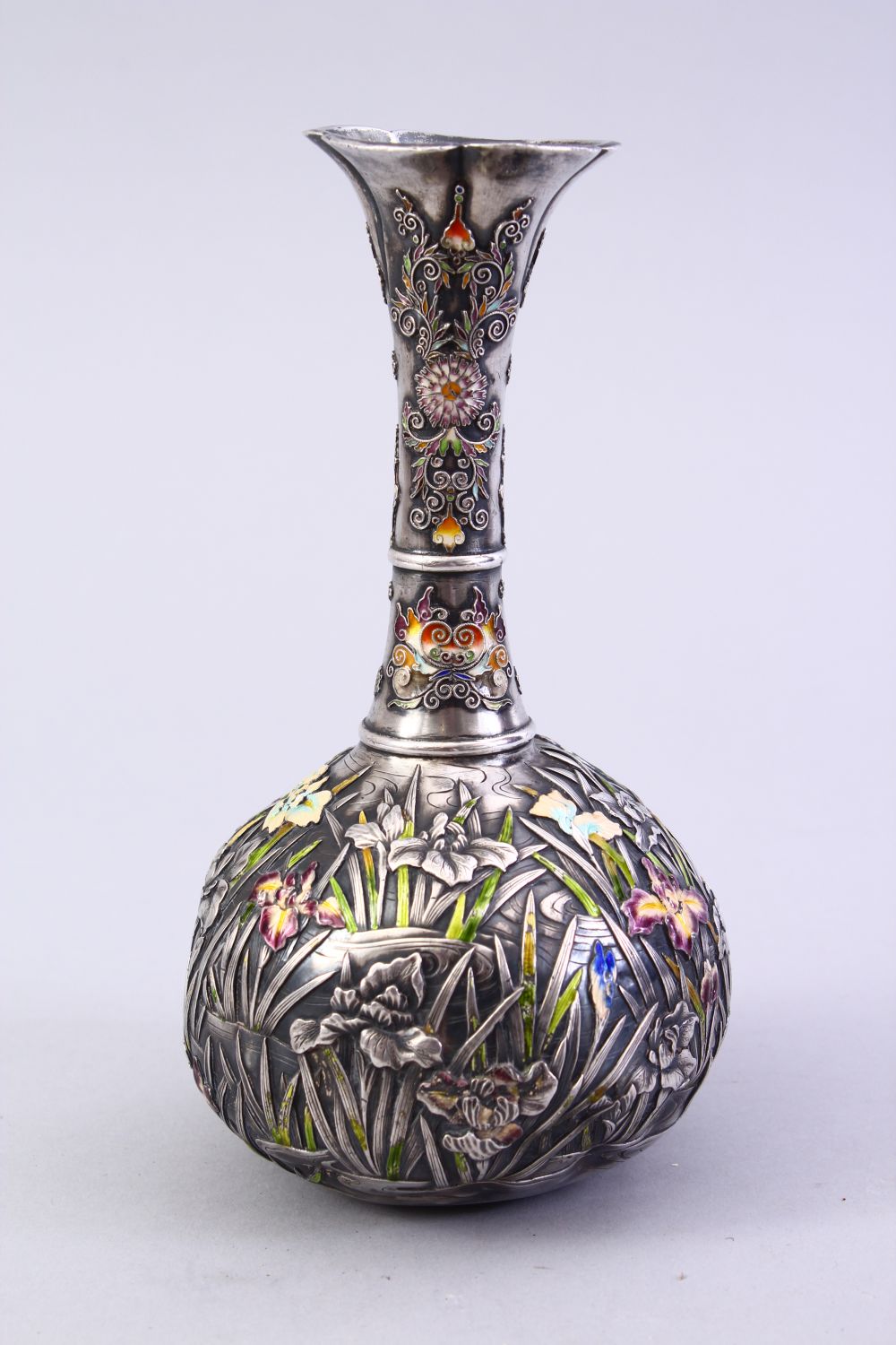 A GOOD JAPANESE MEIJI PERIOD SILVER & ENAMEL BOTTLE VASE, the vase with iris and other floral - Image 3 of 9
