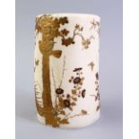 A JAPANESE MEIJI PERIOD CARVED IVORY AND GOLD LACQUER TUSK VASE, the vase decorated with gold