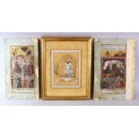 THREE PERSIAN MINIATURE PAINTINGS WITH CALLIGRAPHY, two unframed, one framed, the framed image of to