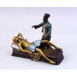 IN THE MANNER OF BERGMAN, A COLD PAINTED BRONZE EROTIC FIGURAL GROUP, 18cm long.