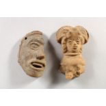 A SMALL SOUTH AMERICAN POTTERY FIGURE, and similar fragmentary work. 2.5ins high.