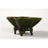 AN SMALL UNUSUAL CHINESE GREEN GLAZED POTTERY LOTUS FORM CENSER. 4ins wide.