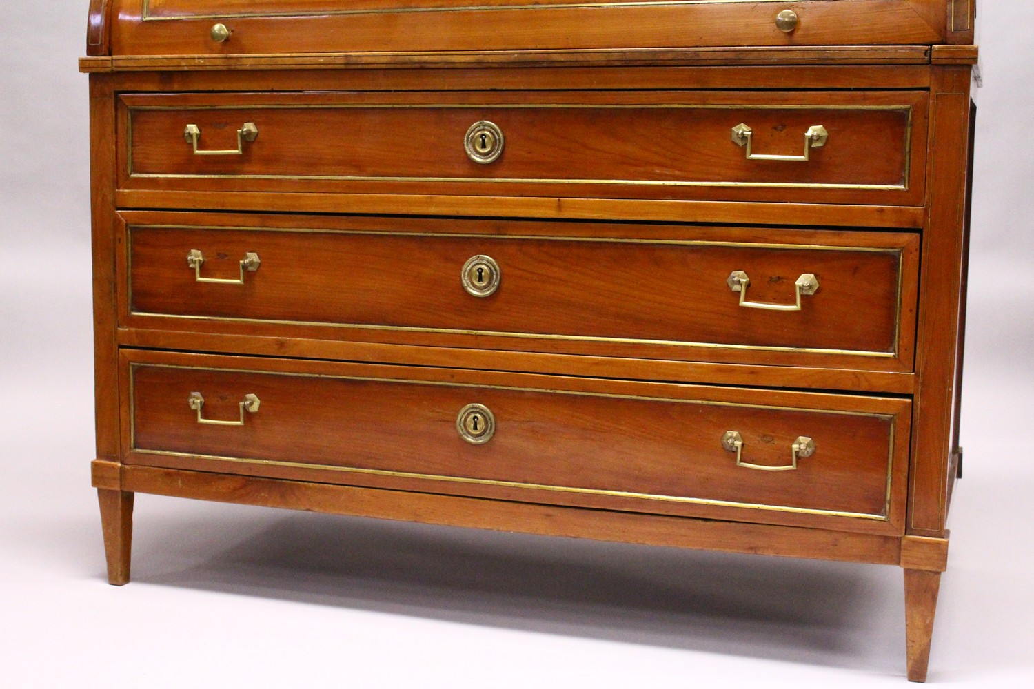 A 19TH CENTURY CONTINENTAL FRUITWOOD CYLINDER BUREAU, with brass galleried marble top, over three - Image 3 of 16