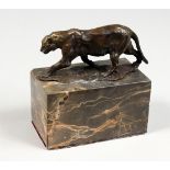 AFTER FRATIN A SMALL BRONZE OF A BIG CAT. Signed, on a marble base. 5ins high.