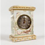 A SUPERB SMALL FRENCH GLASS CLOCK, with enamel decoration, cupids, reeds and water, with gilt