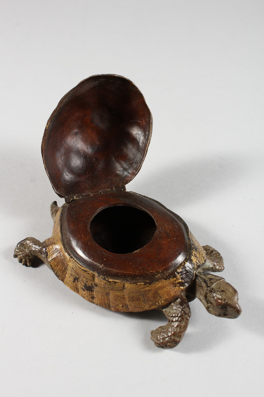 A COLD PAINTED BRONZE TORTOISE INKWELL, with a lift-up shell. 6ins long. - Image 4 of 6