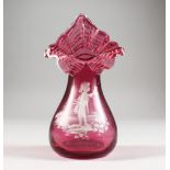 A CRANBERRY MARY GREGORY VASE.