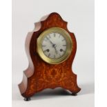 A GOOD SMALL ROSEWOOD AND MARQUETRY CLOCK, with silvered dial, striking on a single bell. 9ins